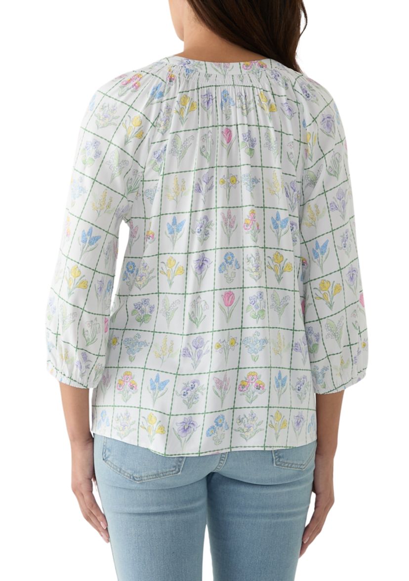 Womens Printed Trim Peasant Top