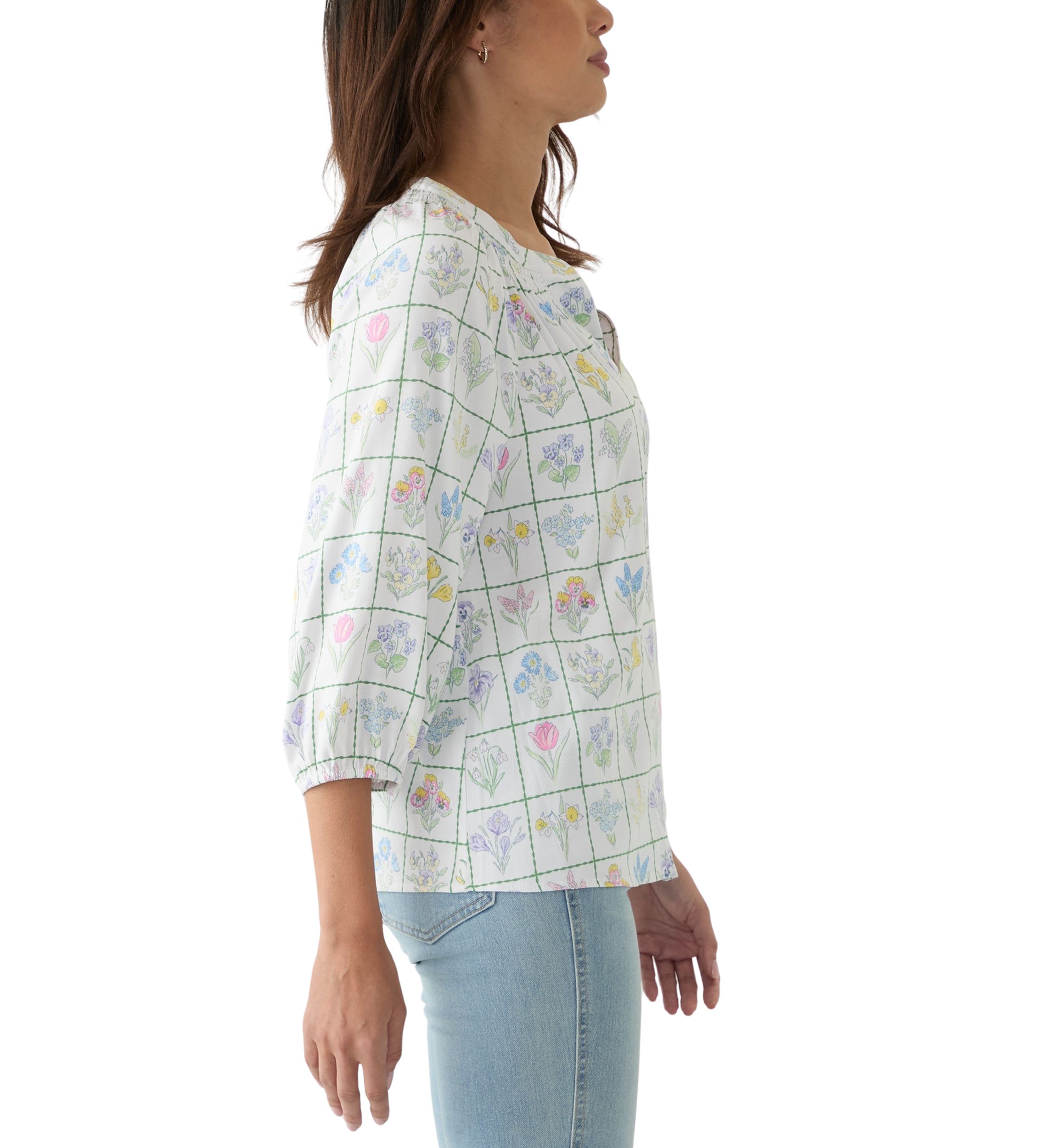 Womens Printed Trim Peasant Top