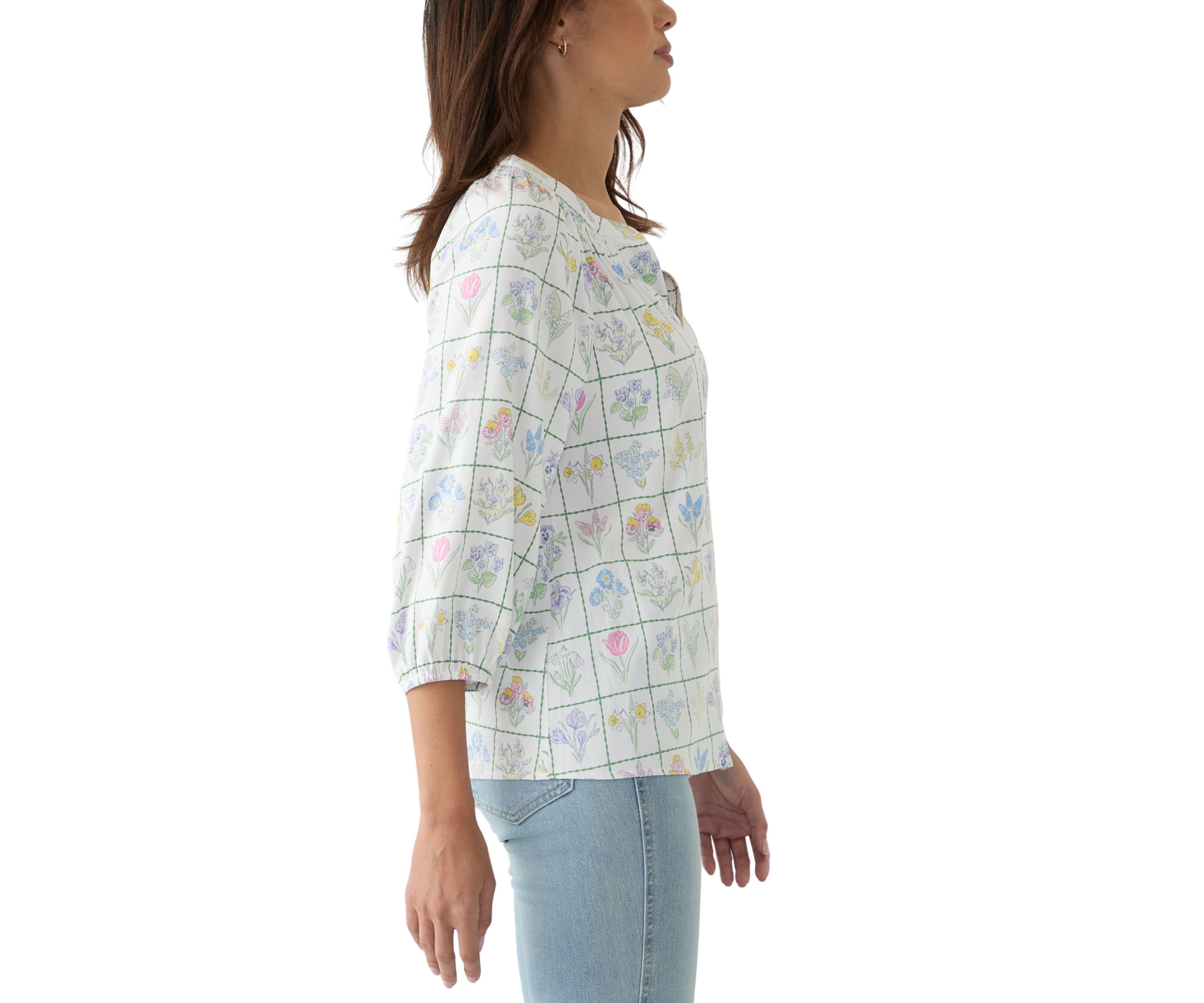 Womens Printed Trim Peasant Top