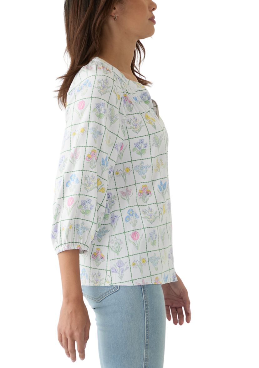 Womens Printed Trim Peasant Top