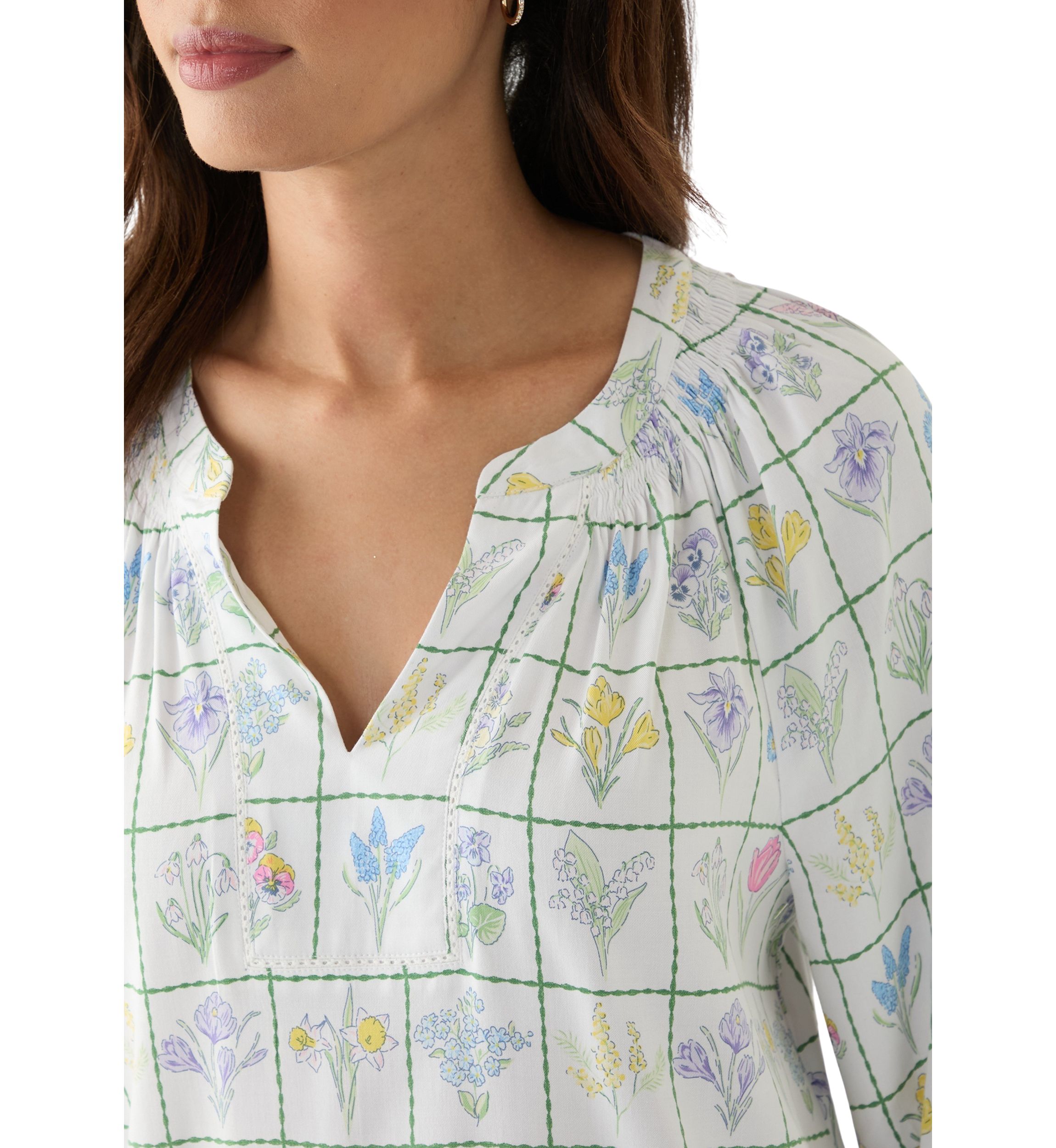 Womens Printed Trim Peasant Top