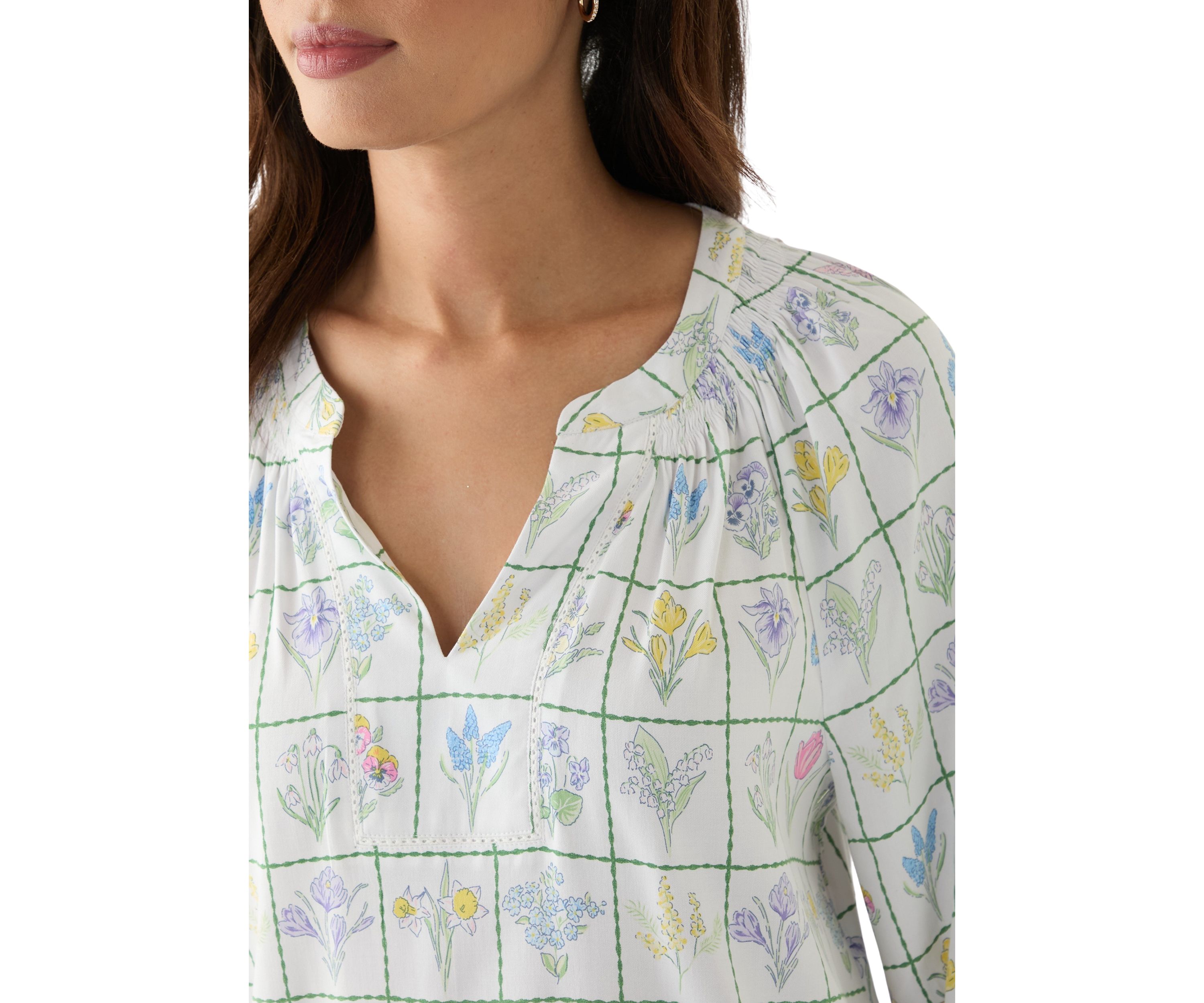 Womens Printed Trim Peasant Top