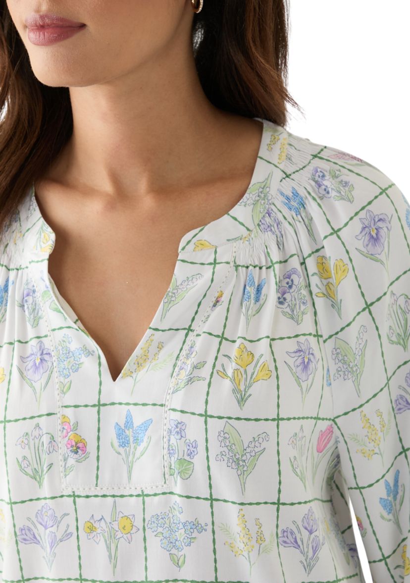 Womens Printed Trim Peasant Top