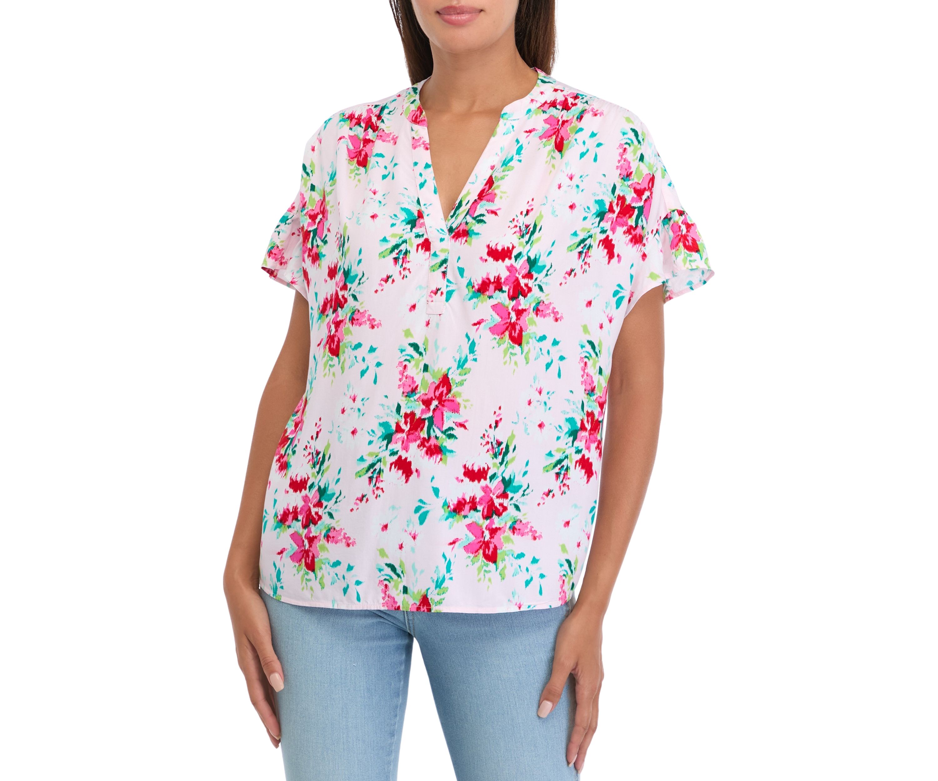 Womens Flutter Sleeve Ruffle Floral Top 