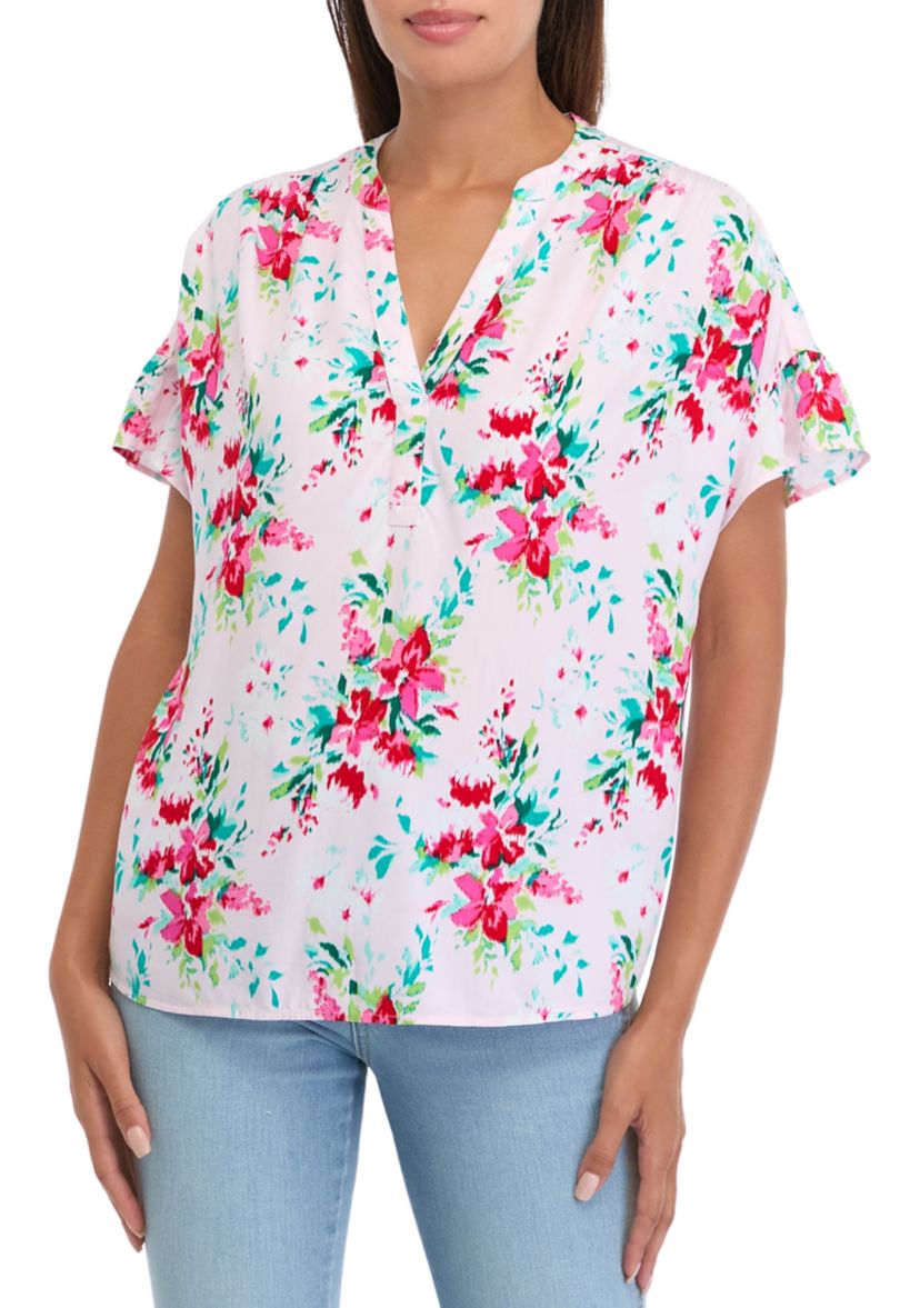 Womens Flutter Sleeve Ruffle Floral Top 