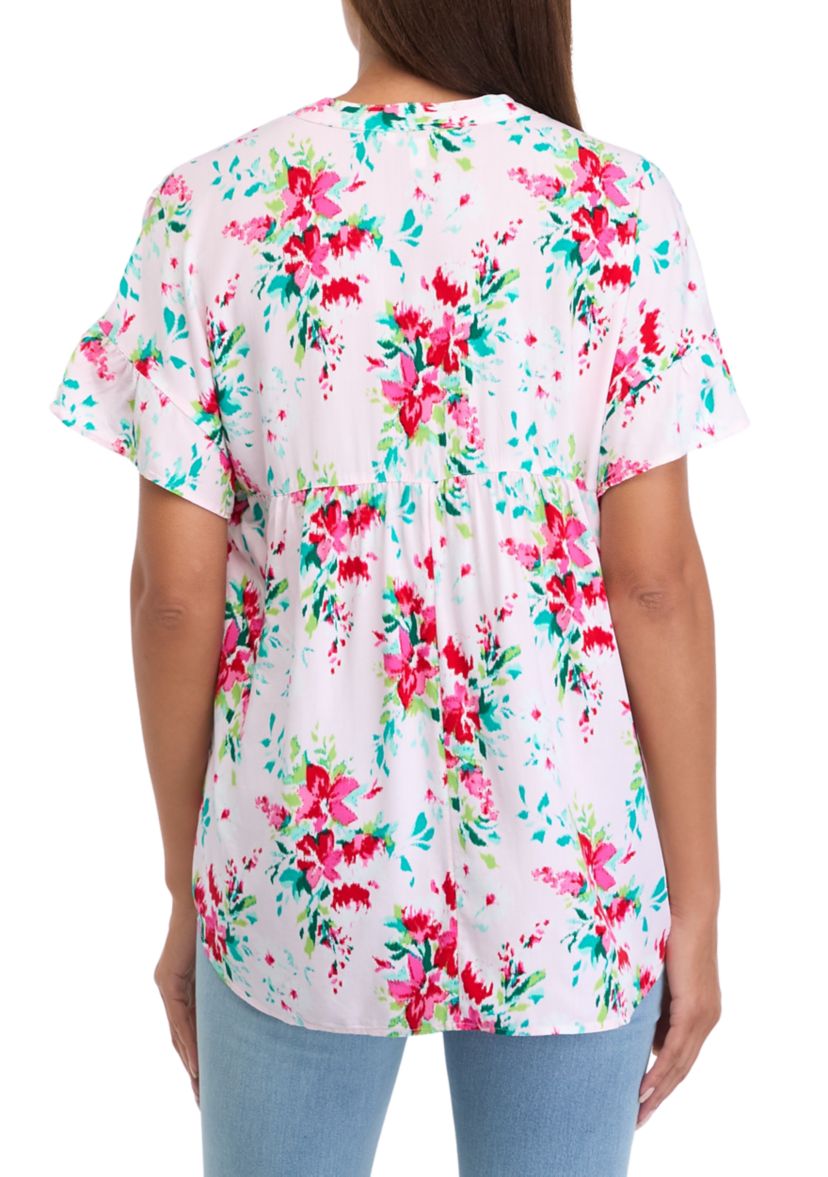 Womens Flutter Sleeve Ruffle Floral Top 