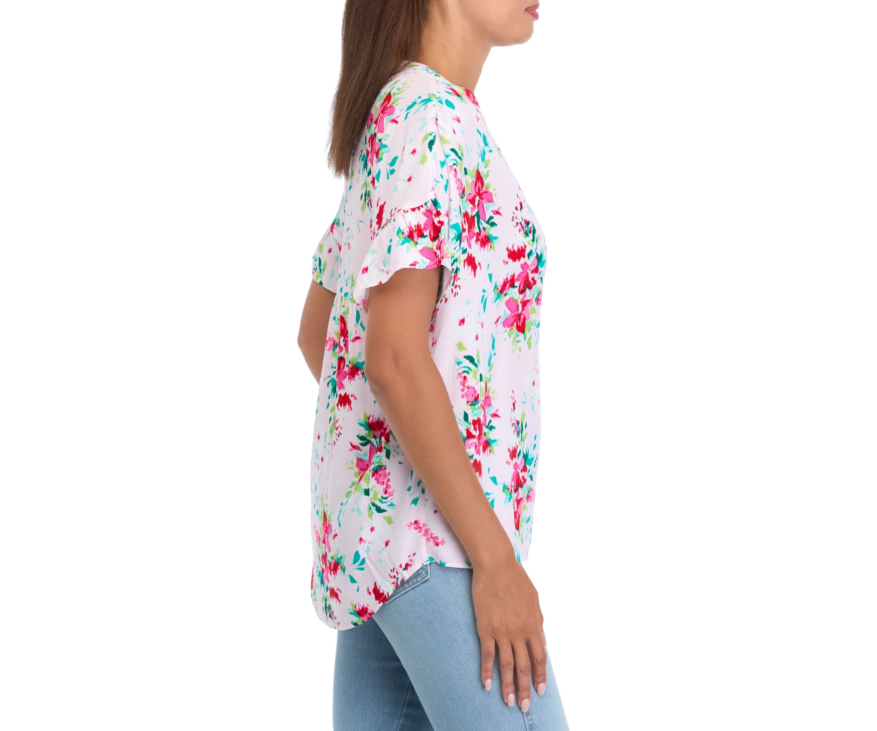 Womens Flutter Sleeve Ruffle Floral Top 