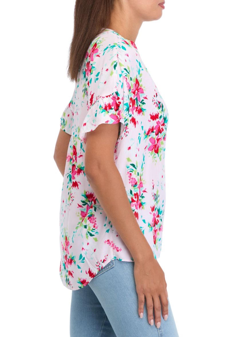 Womens Flutter Sleeve Ruffle Floral Top 