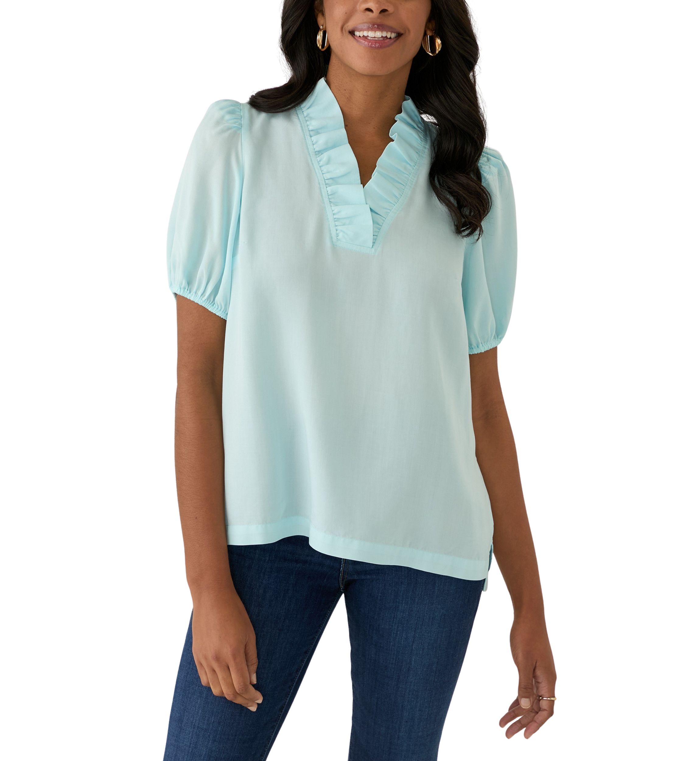 Womens Puff Sleeve Ruffle Split Neck Top