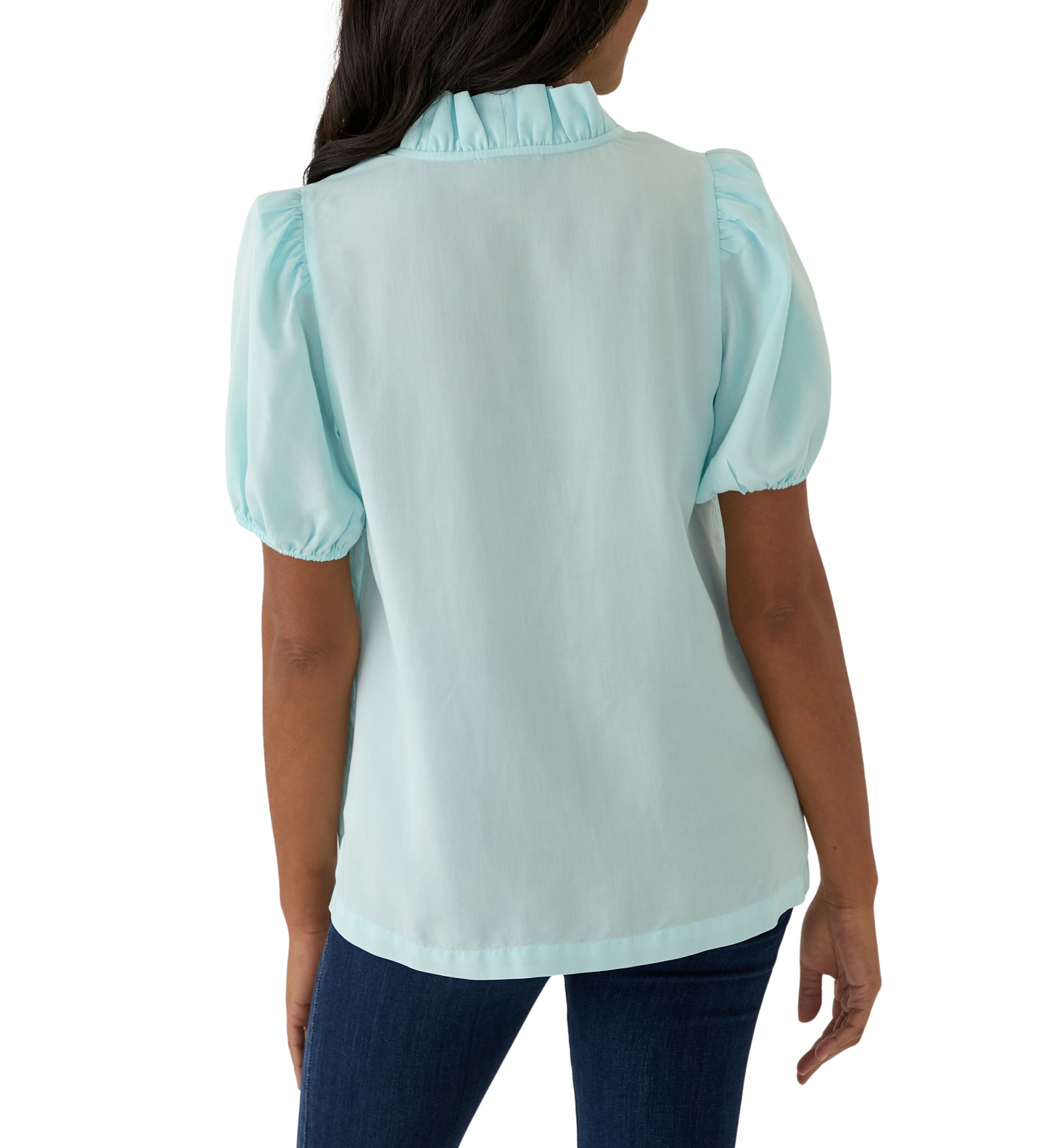 Womens Puff Sleeve Ruffle Split Neck Top