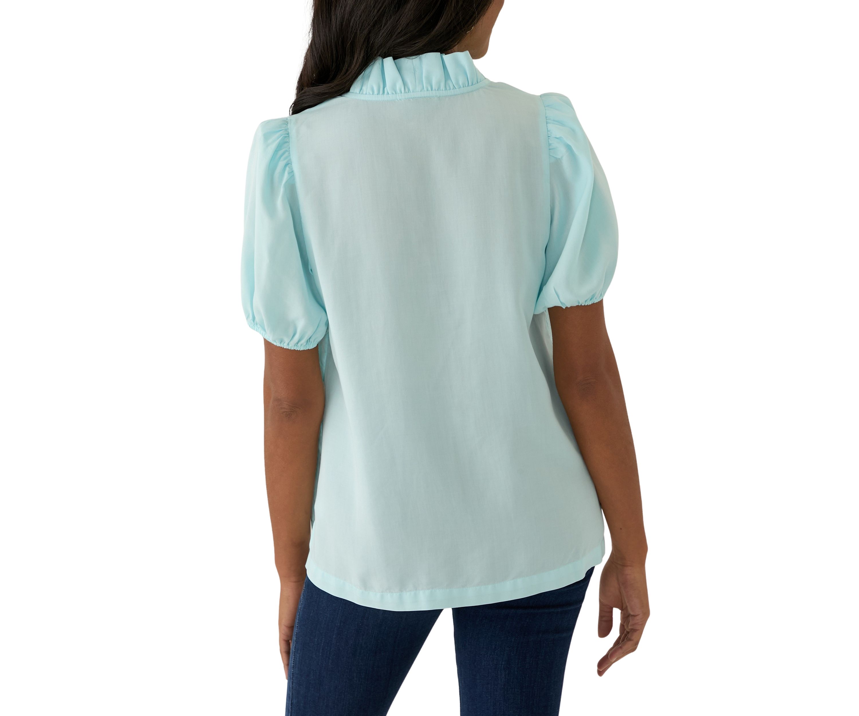 Womens Puff Sleeve Ruffle Split Neck Top