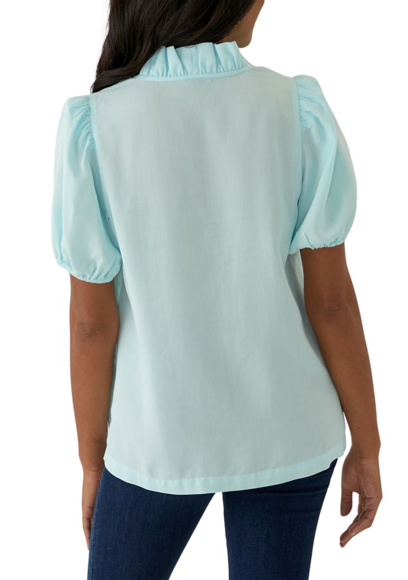 Womens Puff Sleeve Ruffle Split Neck Top