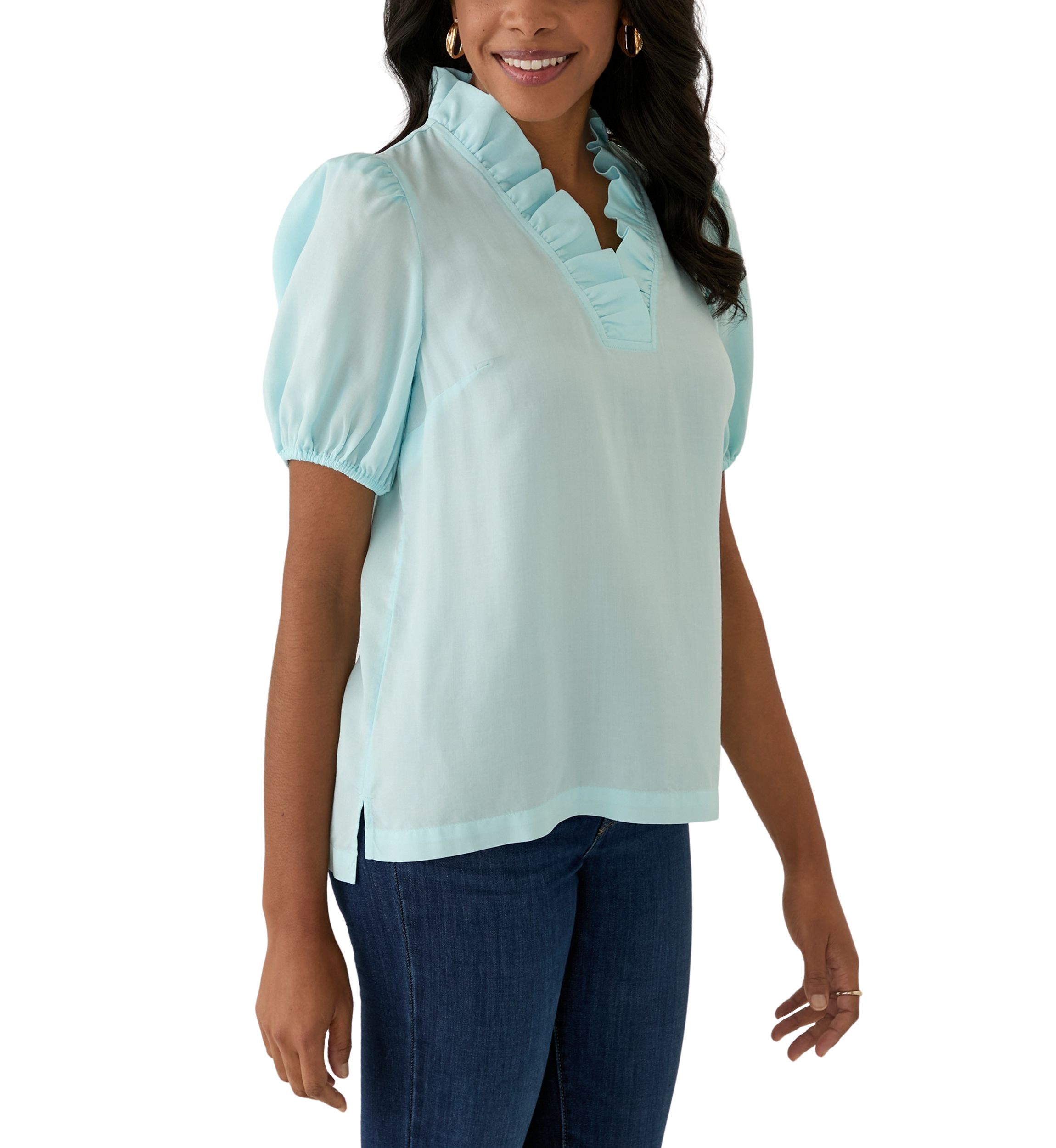 Womens Puff Sleeve Ruffle Split Neck Top