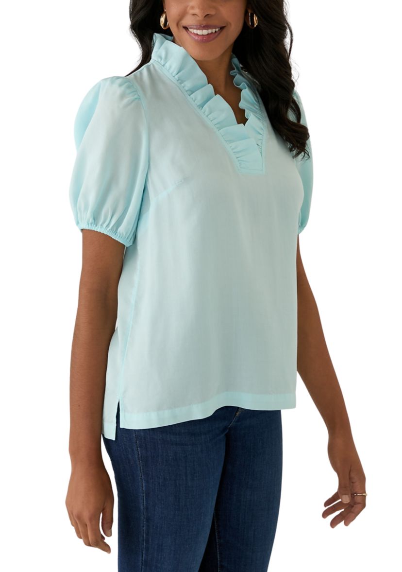 Womens Puff Sleeve Ruffle Split Neck Top