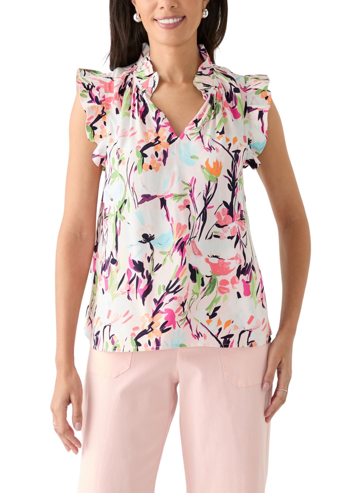Womens Printed Ruffle Sleeve Top
