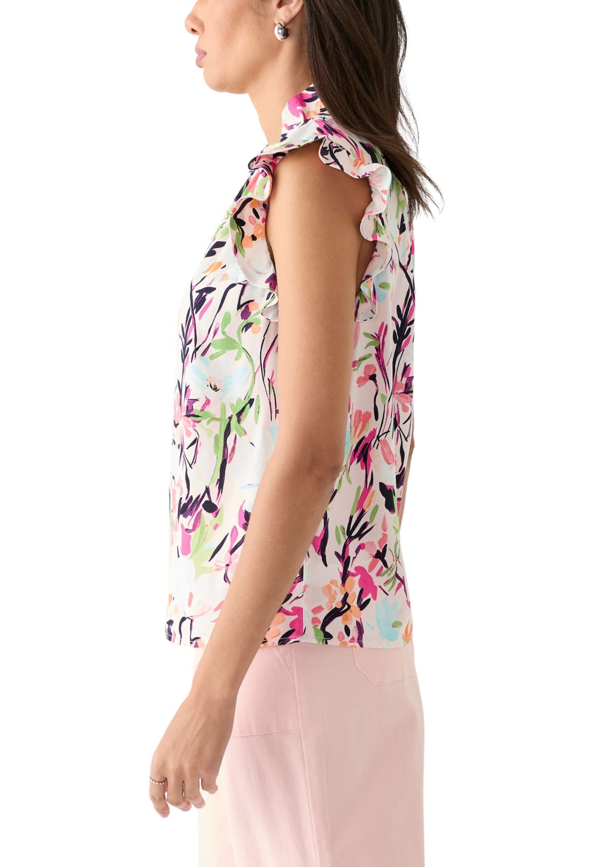 Womens Printed Ruffle Sleeve Top