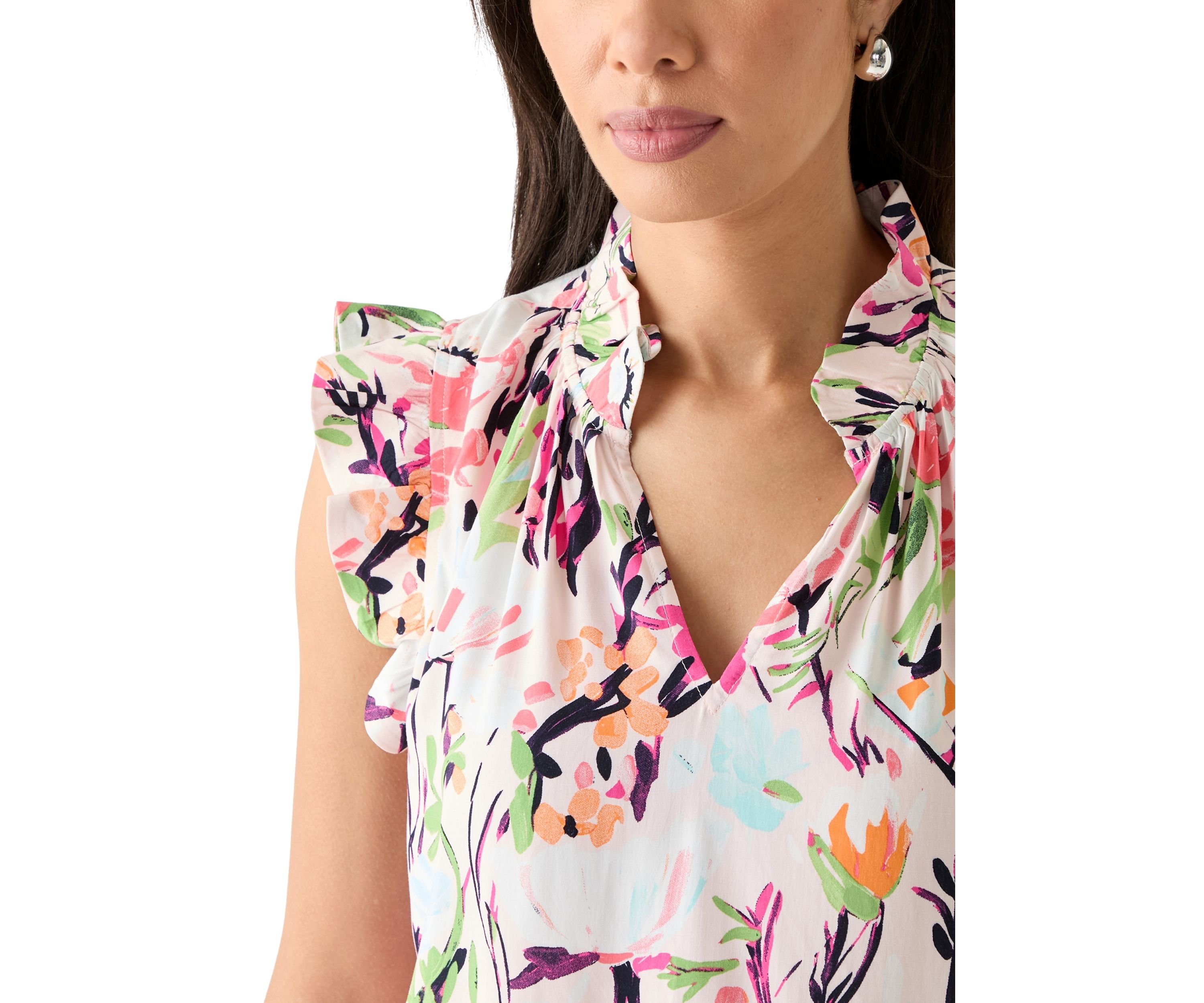 Womens Printed Ruffle Sleeve Top