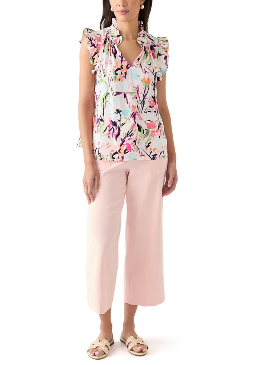 Womens Printed Ruffle Sleeve Top