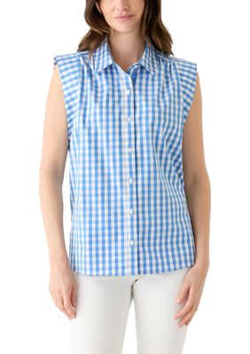 Crown & Ivy Women's Sleeveless Striped Button Down Shirt, Blue, 2XL