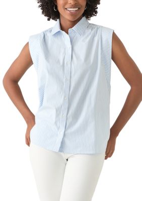 Crown & Ivy Women's Sleeveless Striped Button Down Shirt, Blue, 2XL