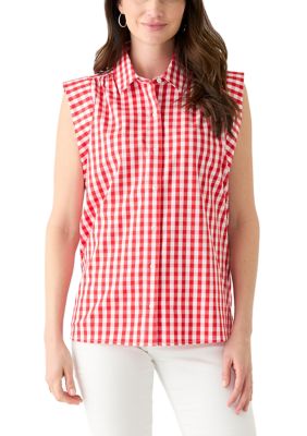 Crown & Ivy Women's Sleeveless Striped Button Down Shirt, Red, 2XL