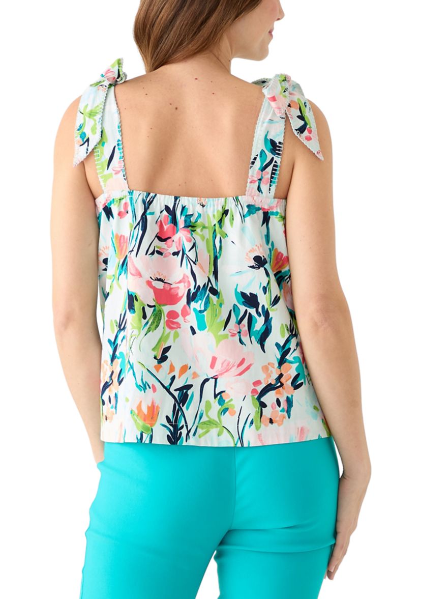 Womens Sleeveless Tie Shoulder Square Neck Floral Printed Top 