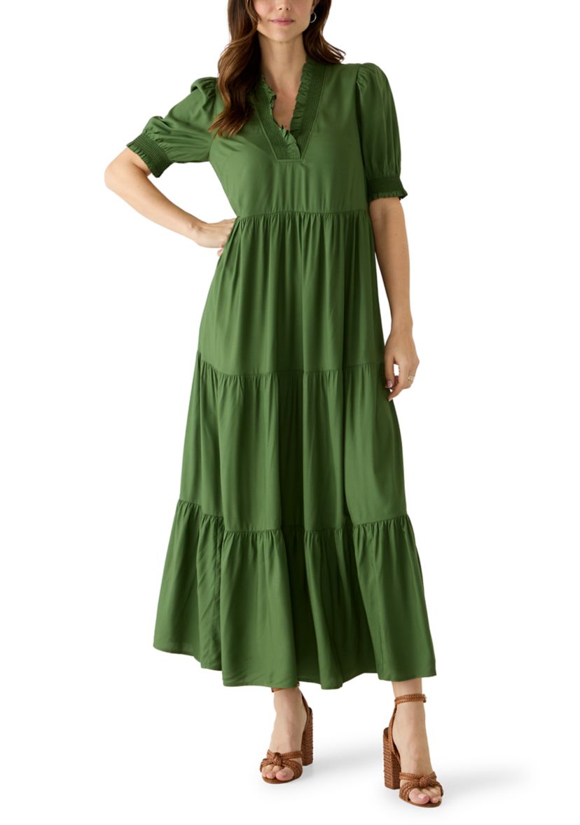 belk short dresses Crown & Ivy™ Women's Short Sleeve Smocked Ruffle Neck Dress
