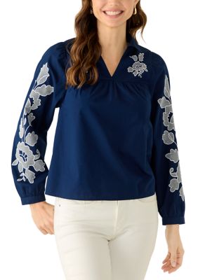 Crown & Ivy Women's Long Sleeve Embroidered Top