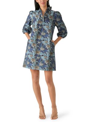 Crown & Ivy Women's 3/4 Sleeve Ruffle Neck Dress, Blue, Large