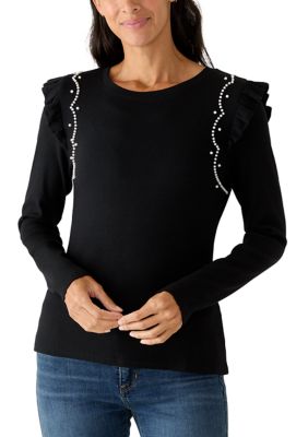 Crown & Ivy Women's Long Ruffle Sleeve Rib Top