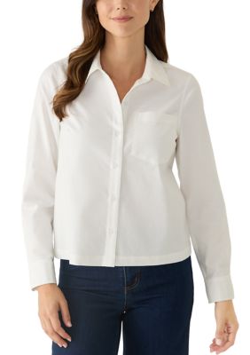 Crown & Ivy Women's Long Sleeve Cropped Boyfriend Shirt