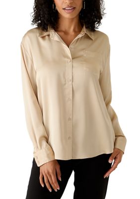 Crown & Ivy Women's Long Sleeve Satin Boyfriend Shirt