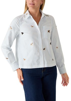 Crown & Ivy Women's Long Sleeve Embroidered Cropped Boyfriend Shirt