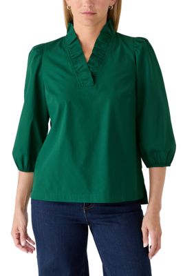 Crown & Ivy Women's 3/4 Sleeve Ruffle Neck Top