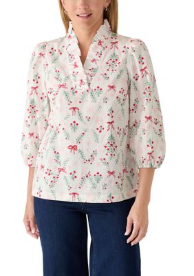 Crown & Ivy Women's 3/4 Sleeve Ruffle Neck Print Top