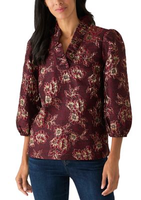 Crown & Ivy Women's 3/4 Sleeve Ruffle Neck Blouse