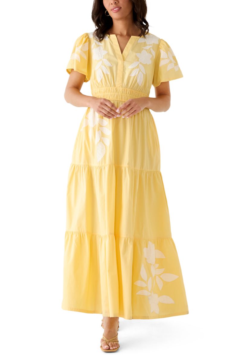 short maxi dress Blue Floral Printed Split Neck Smocked Waist Sleeve * SSYS Print Dress Off The Shoulder Short Sleeve