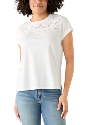 Crown & Ivy Women's Short Sleeve Eyelet Yoke Top, White, XXL
