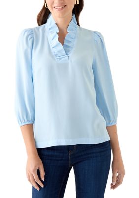 Crown & Ivy Women's 3/4 Sleeve Ruffle Neck Tencel Blouse, Blue, Medium