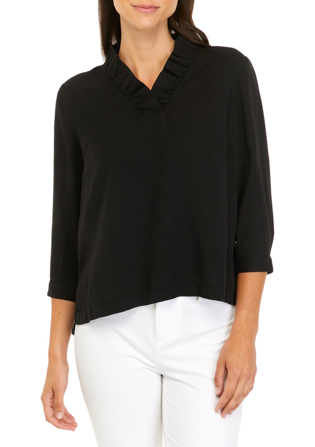 Petite 3/4 Ruffle Neck Top