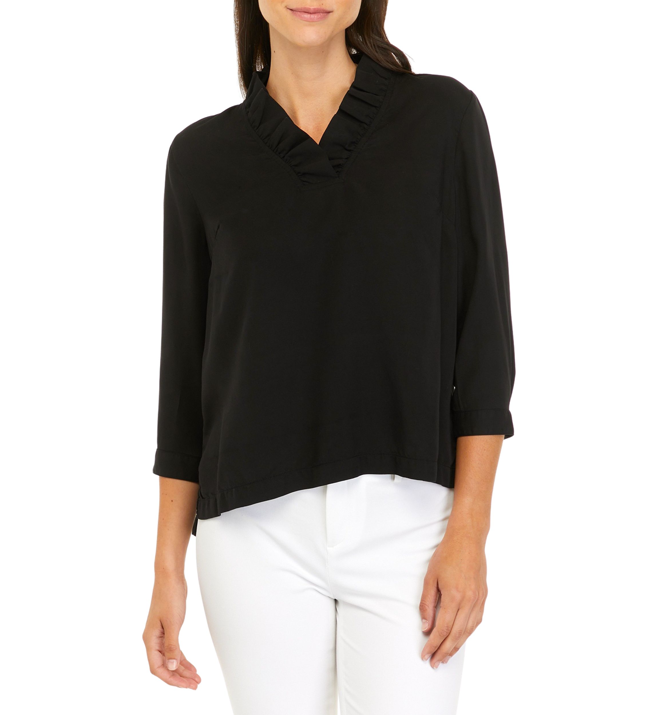 Petite 3/4 Ruffle Neck Top