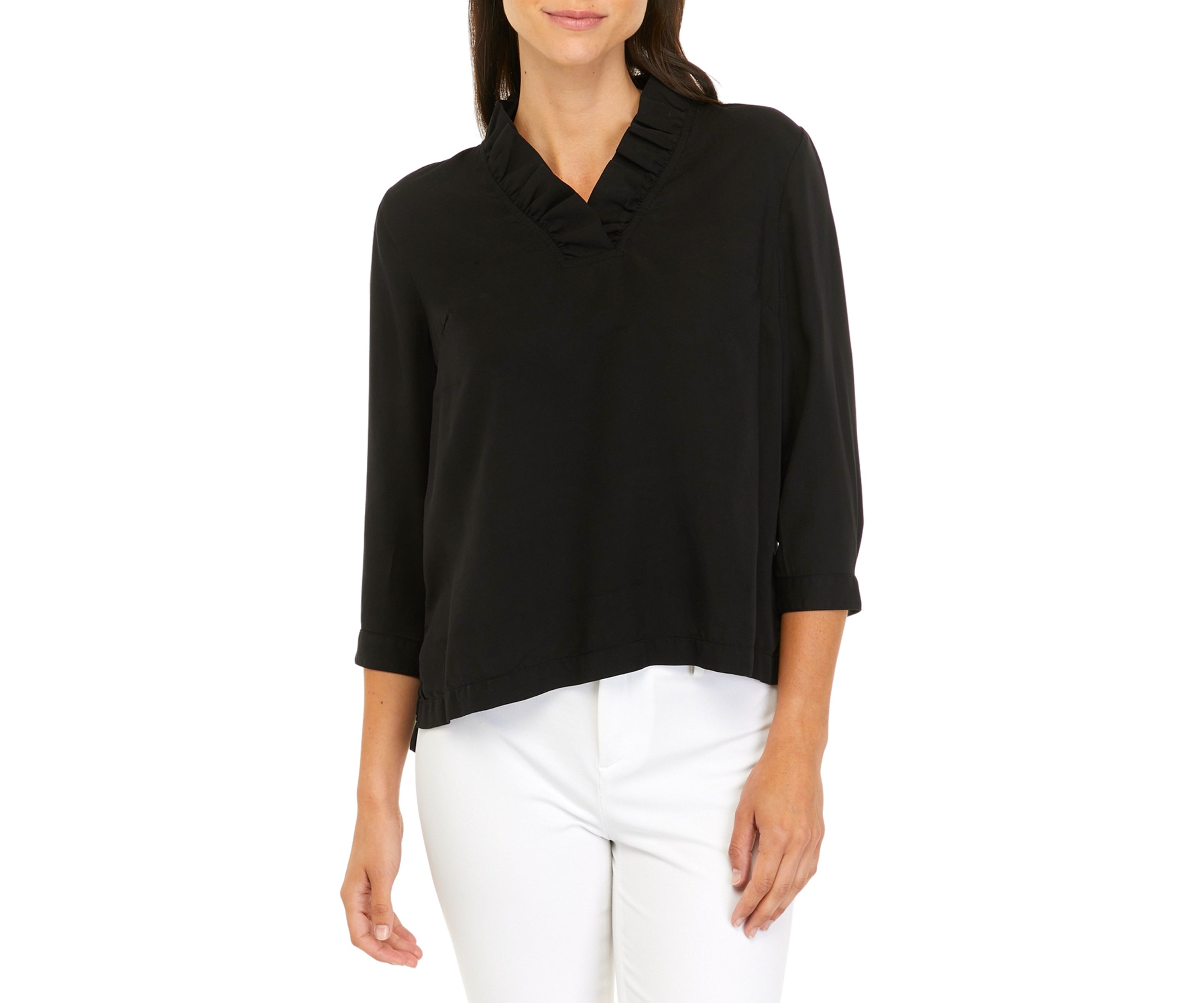 Petite 3/4 Ruffle Neck Top