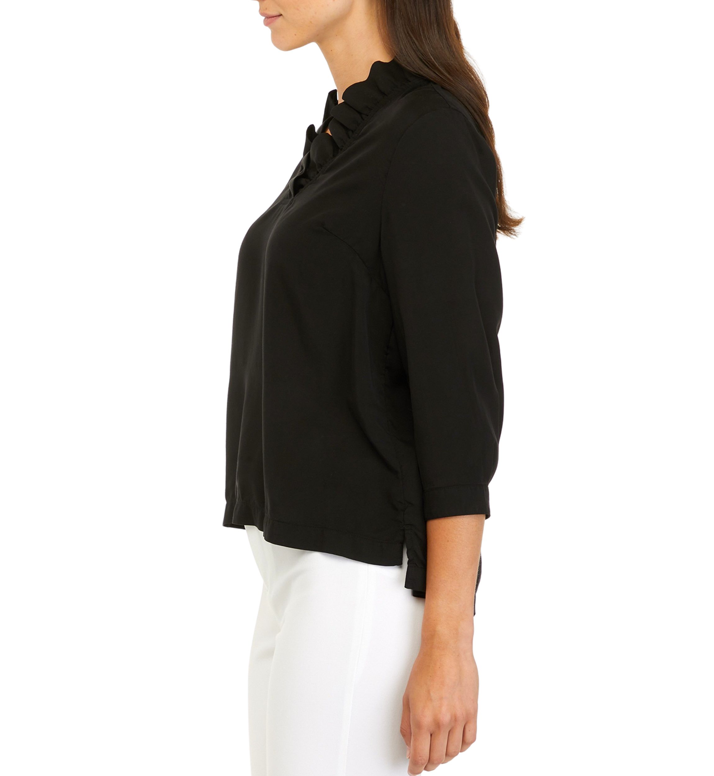 Petite 3/4 Ruffle Neck Top