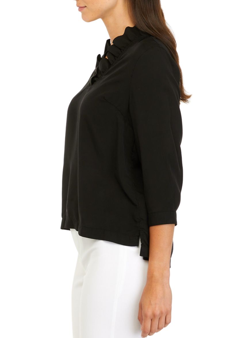 Petite 3/4 Ruffle Neck Top