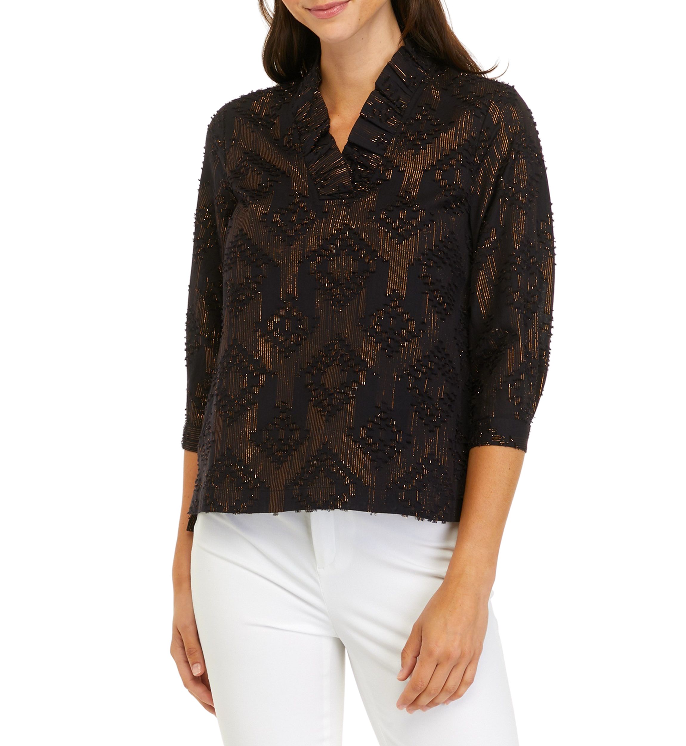 Petite 3/4 Sleeve Metallic Ruffle Neck Top