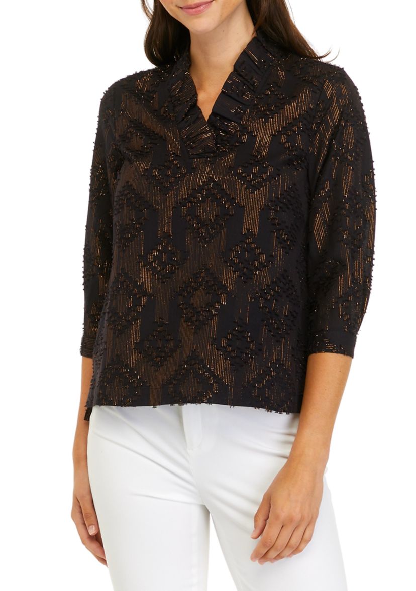 Petite 3/4 Sleeve Metallic Ruffle Neck Top