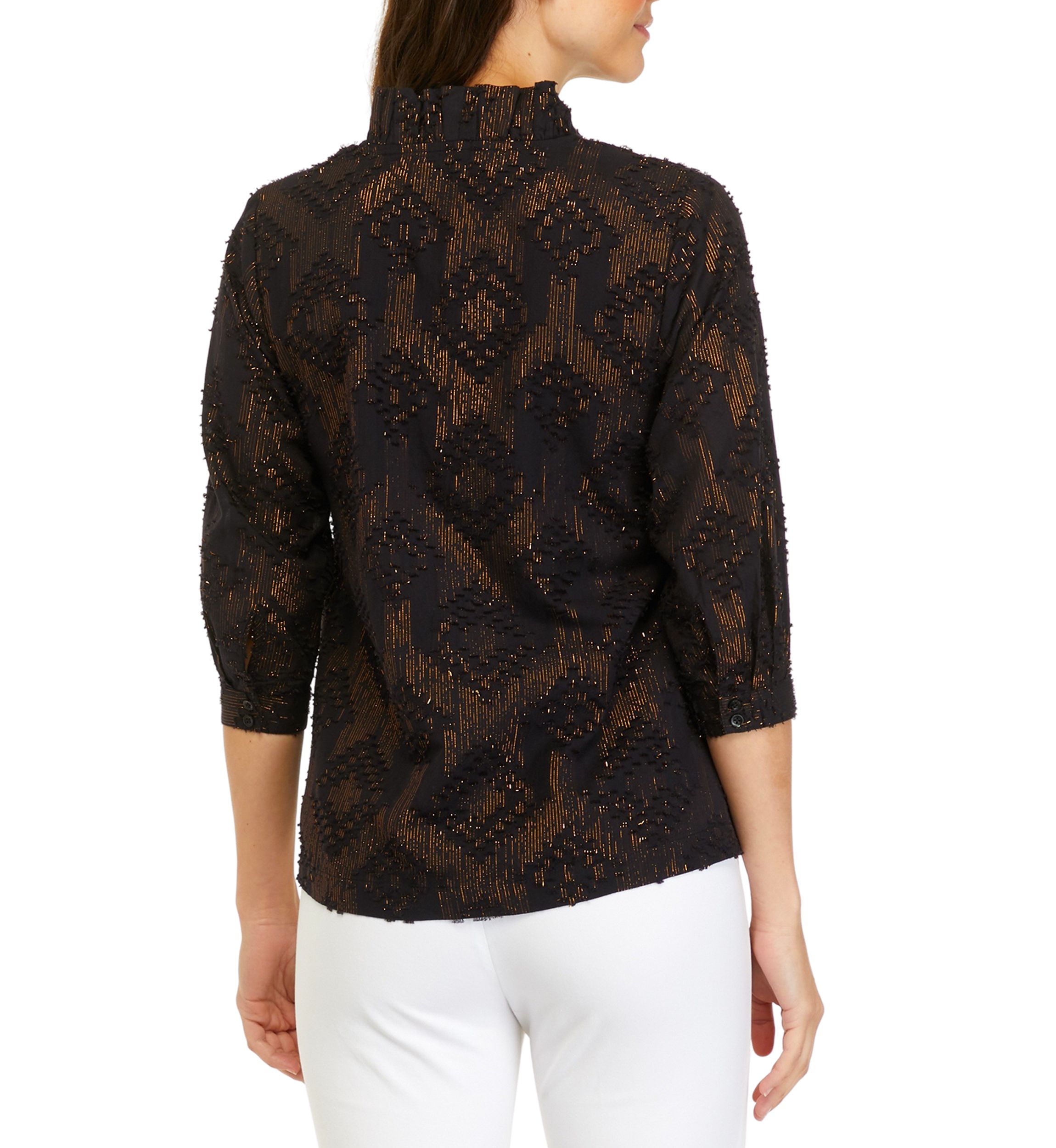 Petite 3/4 Sleeve Metallic Ruffle Neck Top