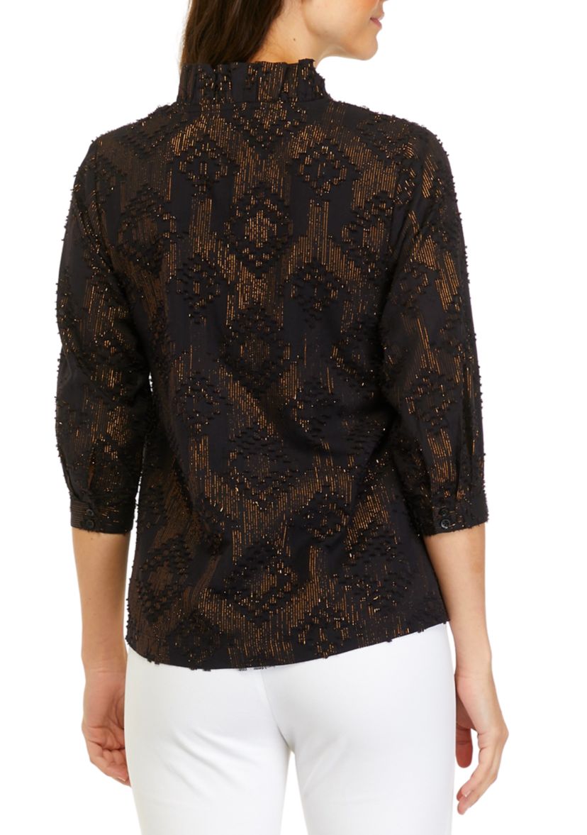 Petite 3/4 Sleeve Metallic Ruffle Neck Top