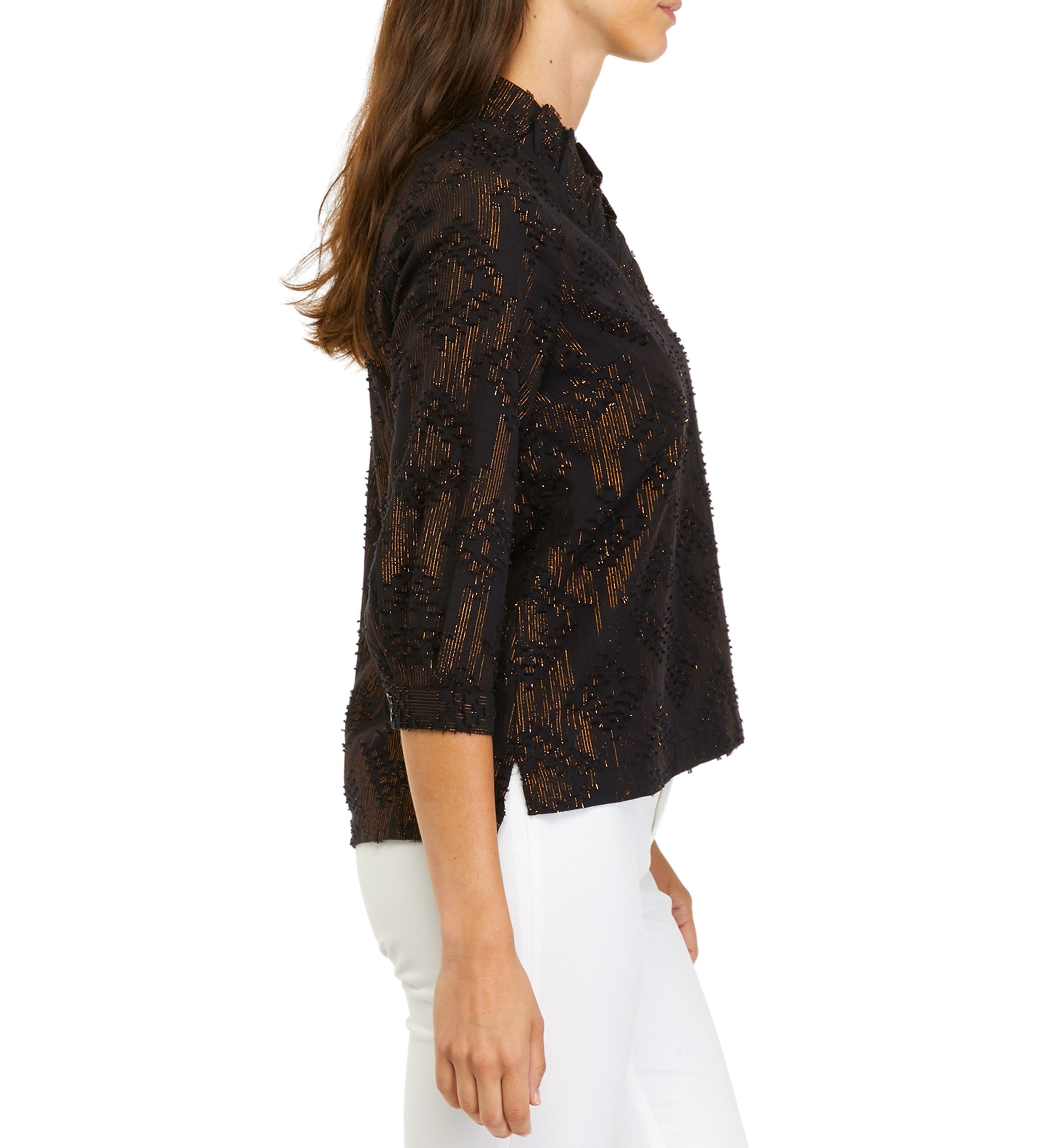 Petite 3/4 Sleeve Metallic Ruffle Neck Top