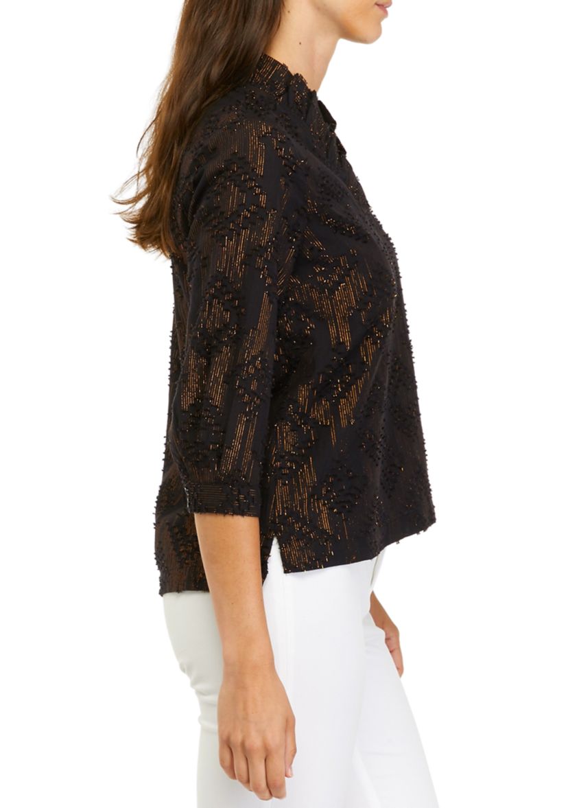 Petite 3/4 Sleeve Metallic Ruffle Neck Top